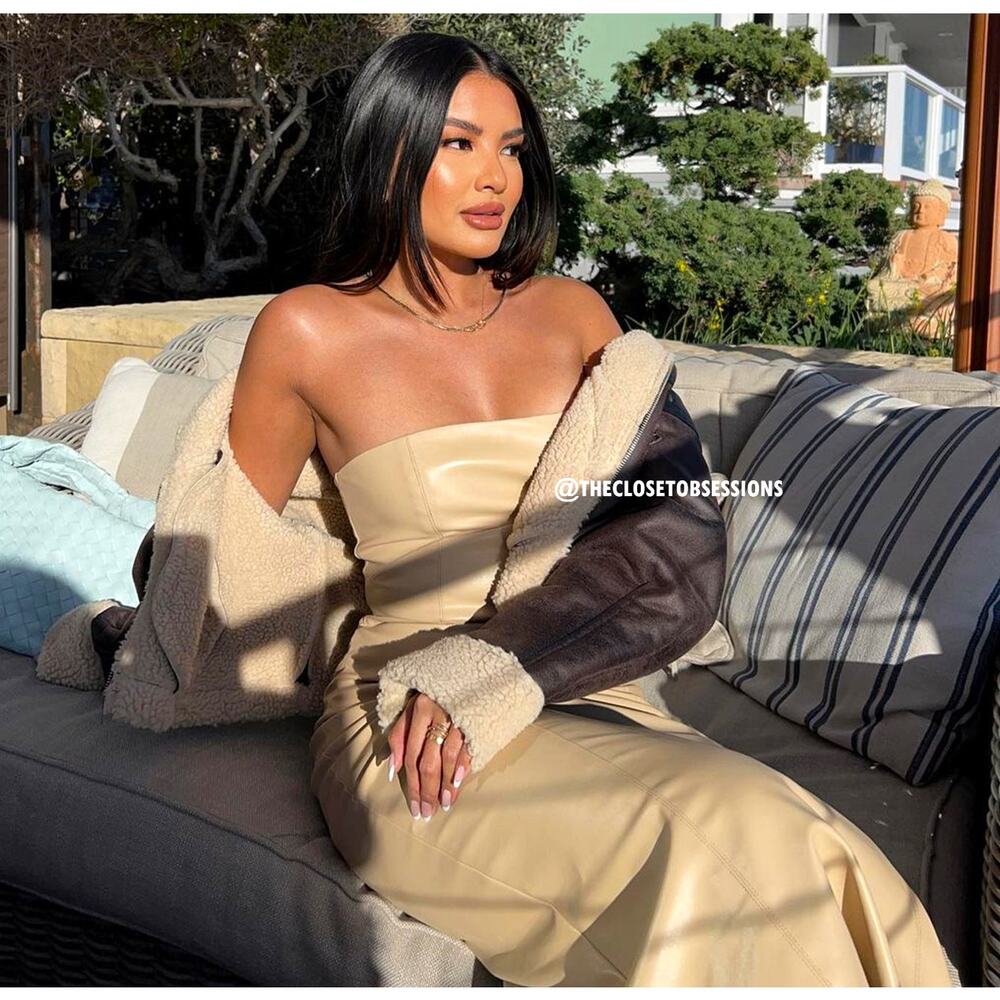 ZARA Blogger Fave Strapless Faux Leather Midi Dress NWT Beige - Picture 5 of 16